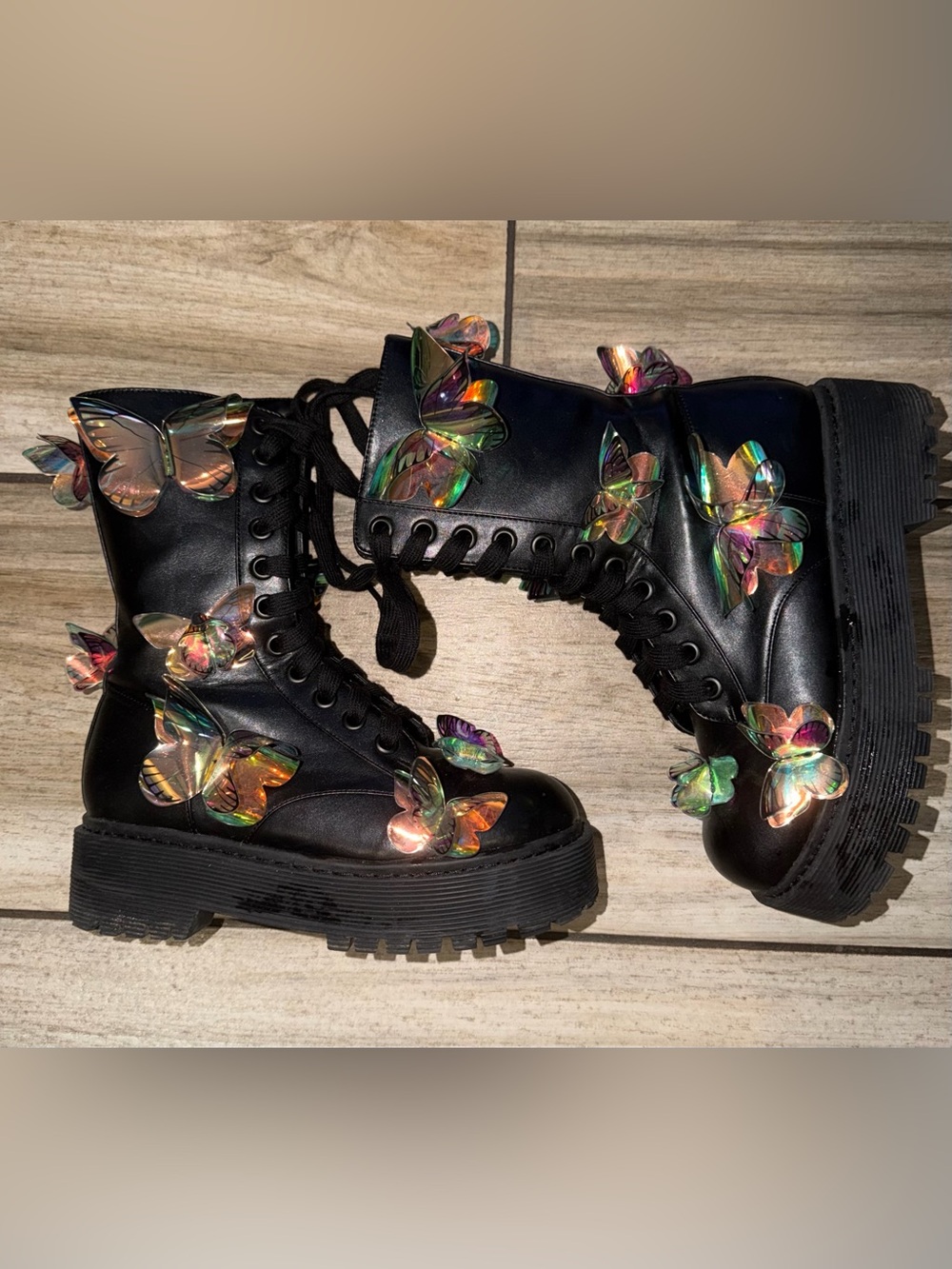 Black Combat Boots with Iridescent Butterfly Accents
